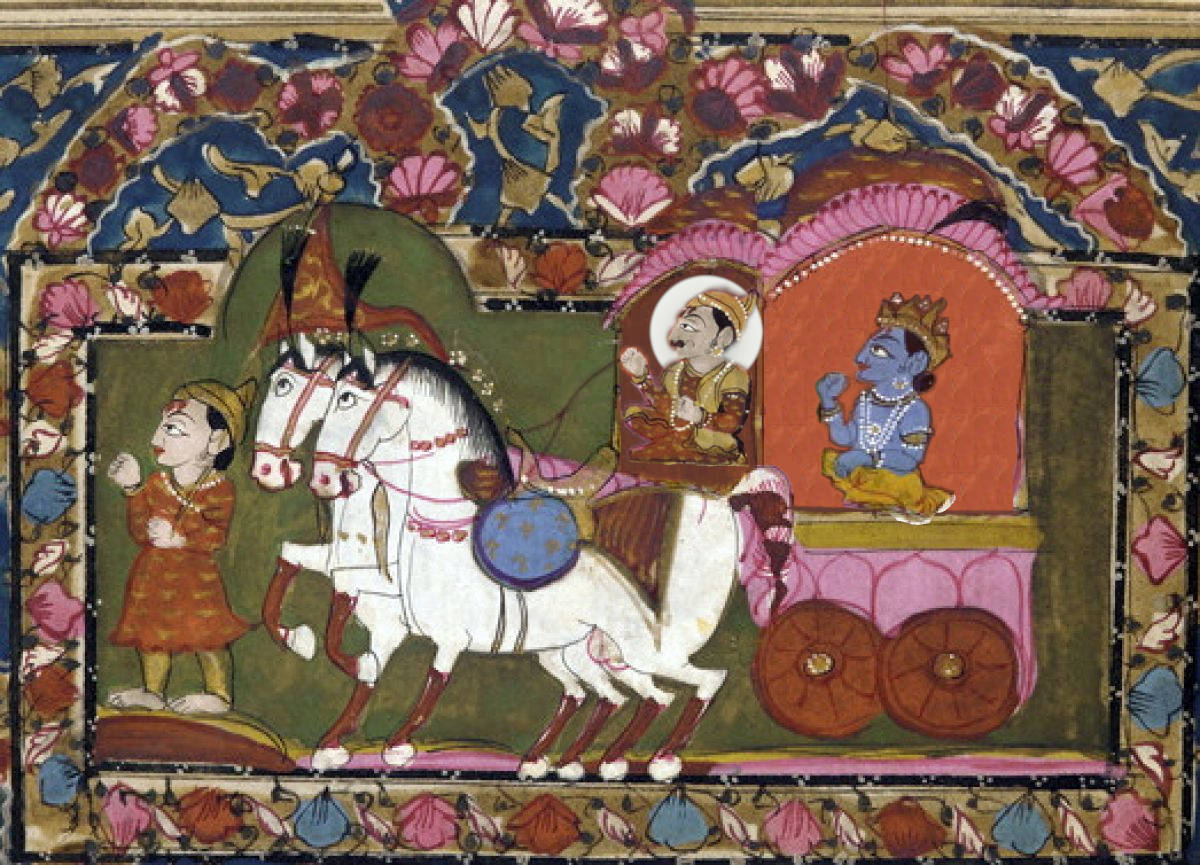 Bhagavad-Gita, le carrosse est guidé par Arjuna, Krishna est son passagé.