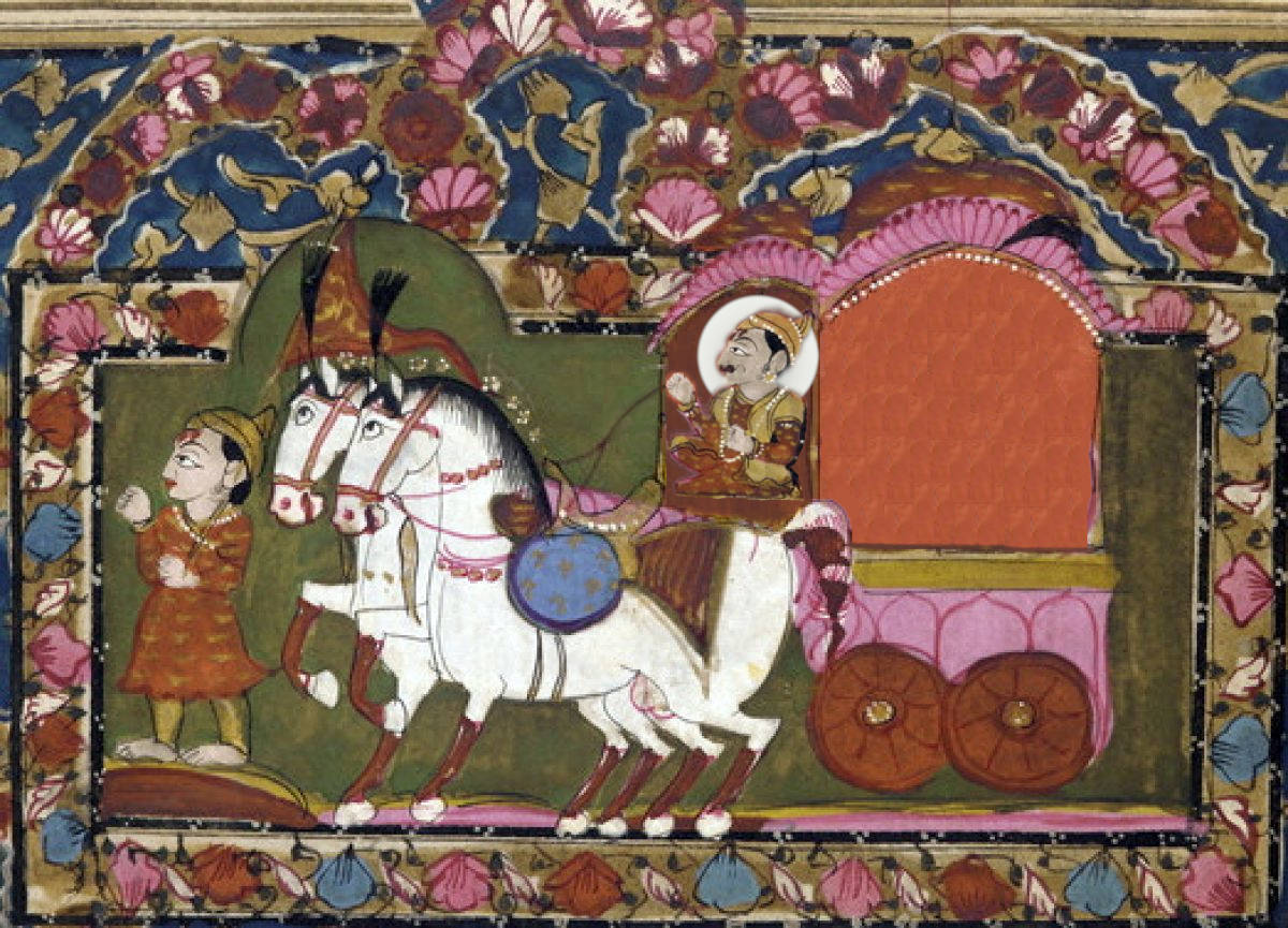 Bhagavad-Gita, le carrosse est guidé par Arjuna.