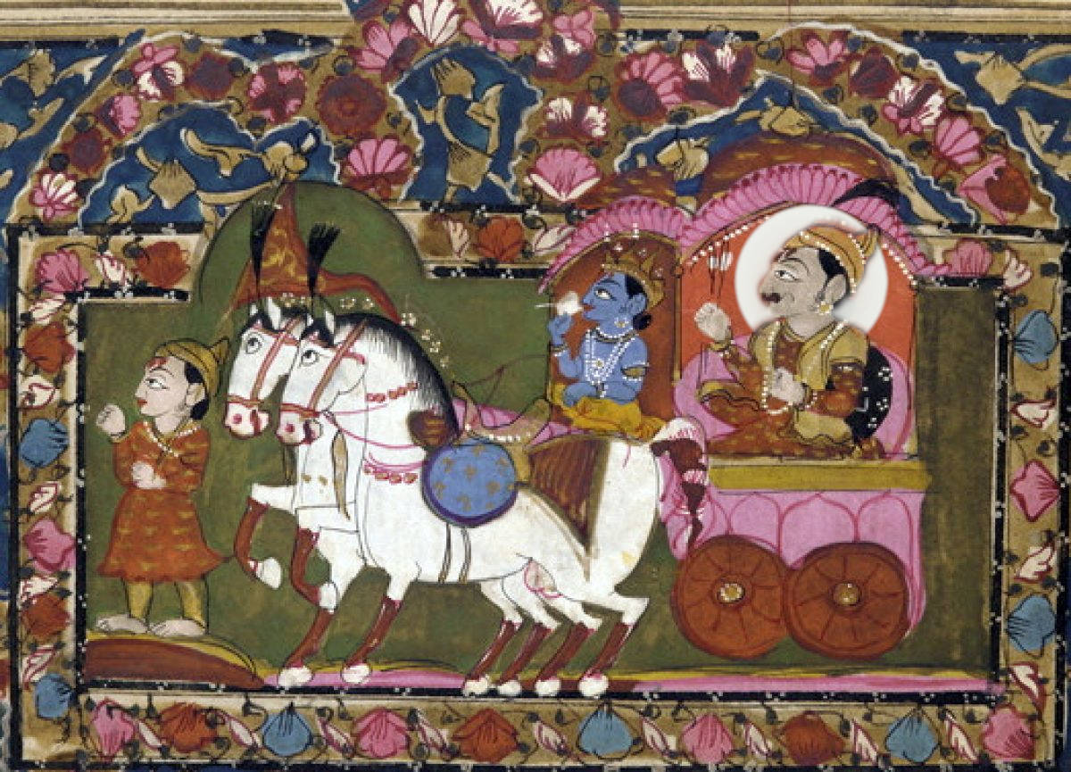 Bhagavad-Gita, le carrosse est guidé par Krishna, Arjuna est son passagé.