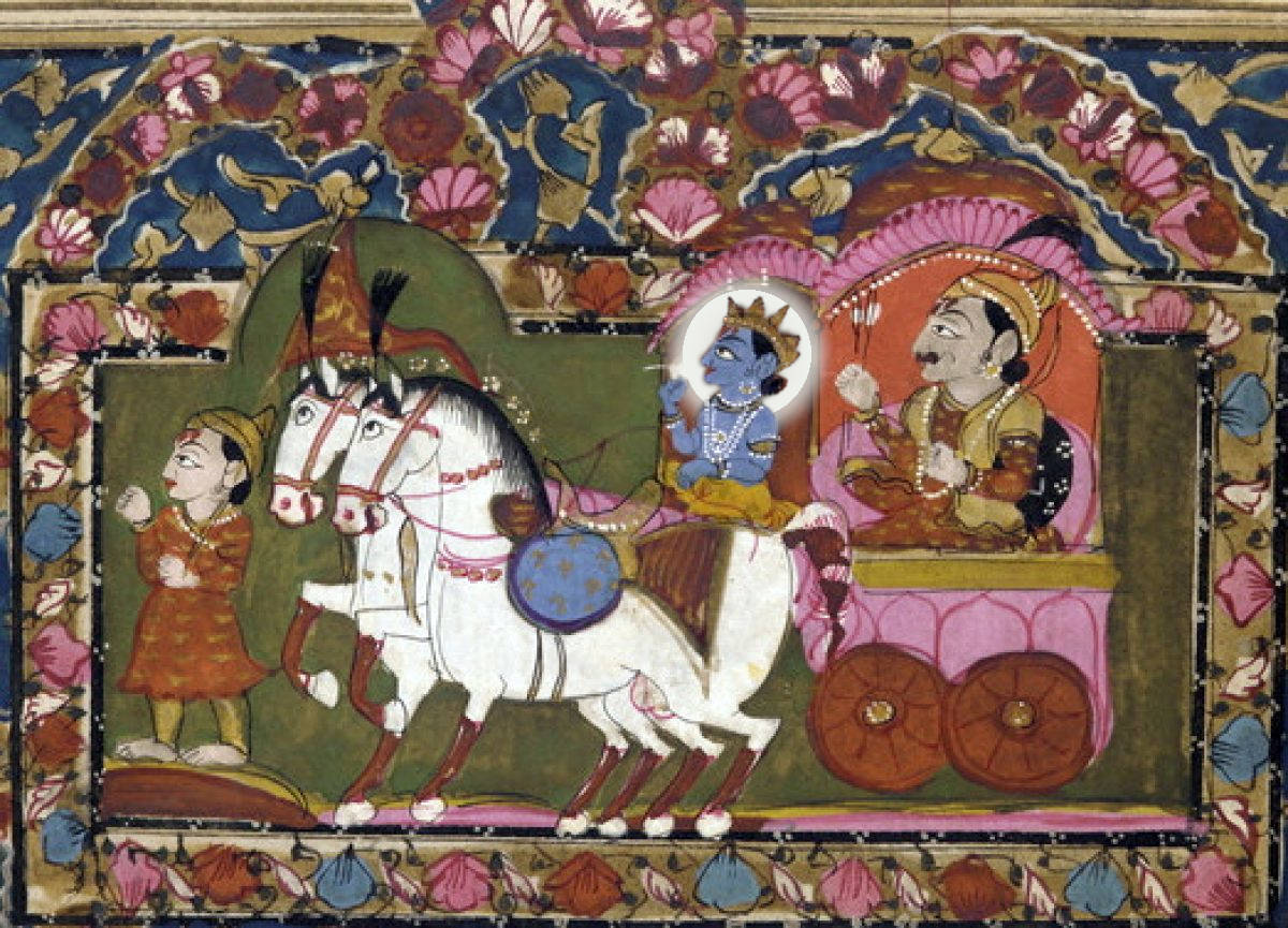 Bhagavad-Gita, le carrosse est guidé par Krishna, Arjuna est son passagé. La consciense se pose sur Krishna