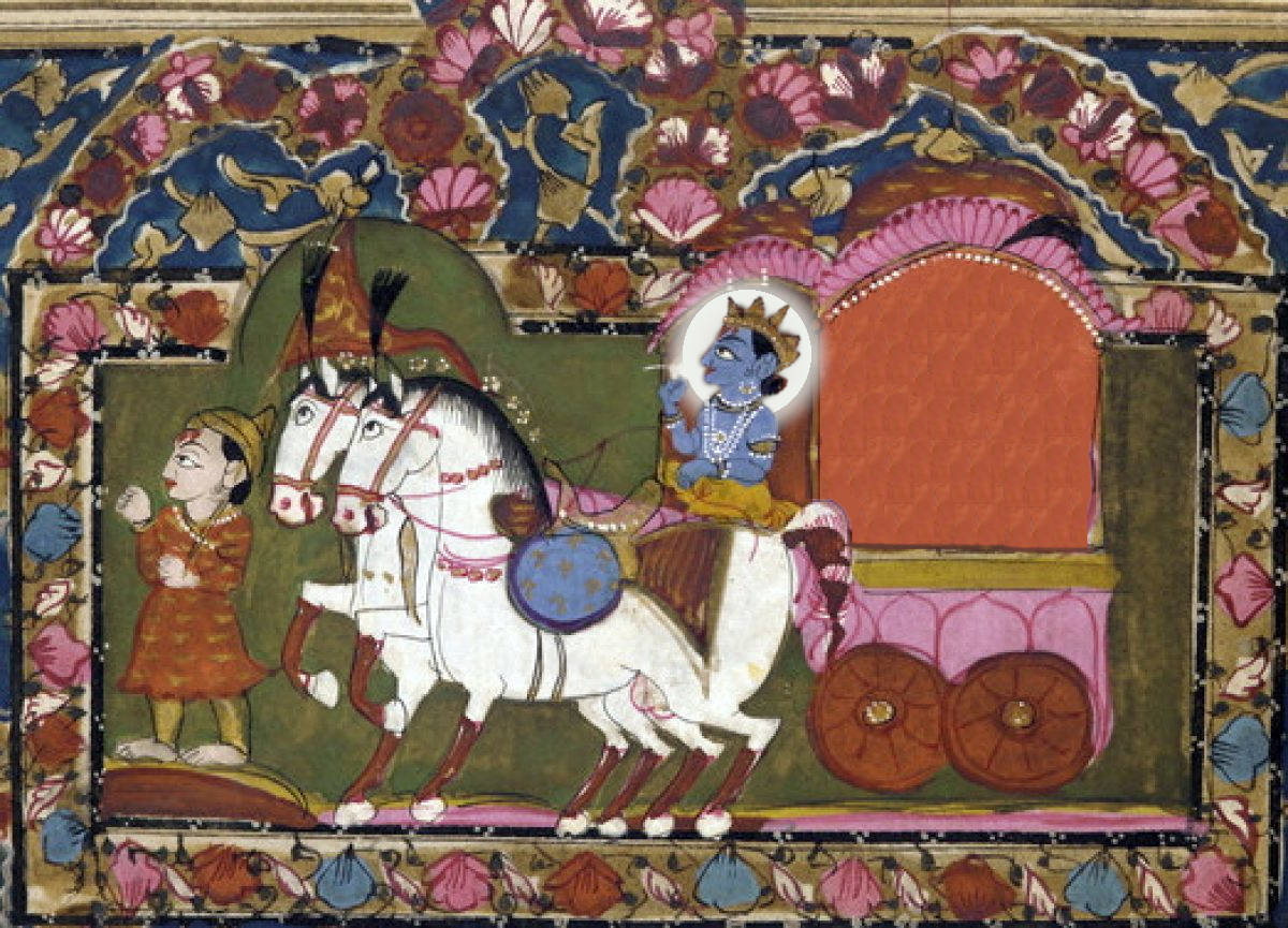 Bhagavad-Gita, le carrosse est guidé par Krishna.